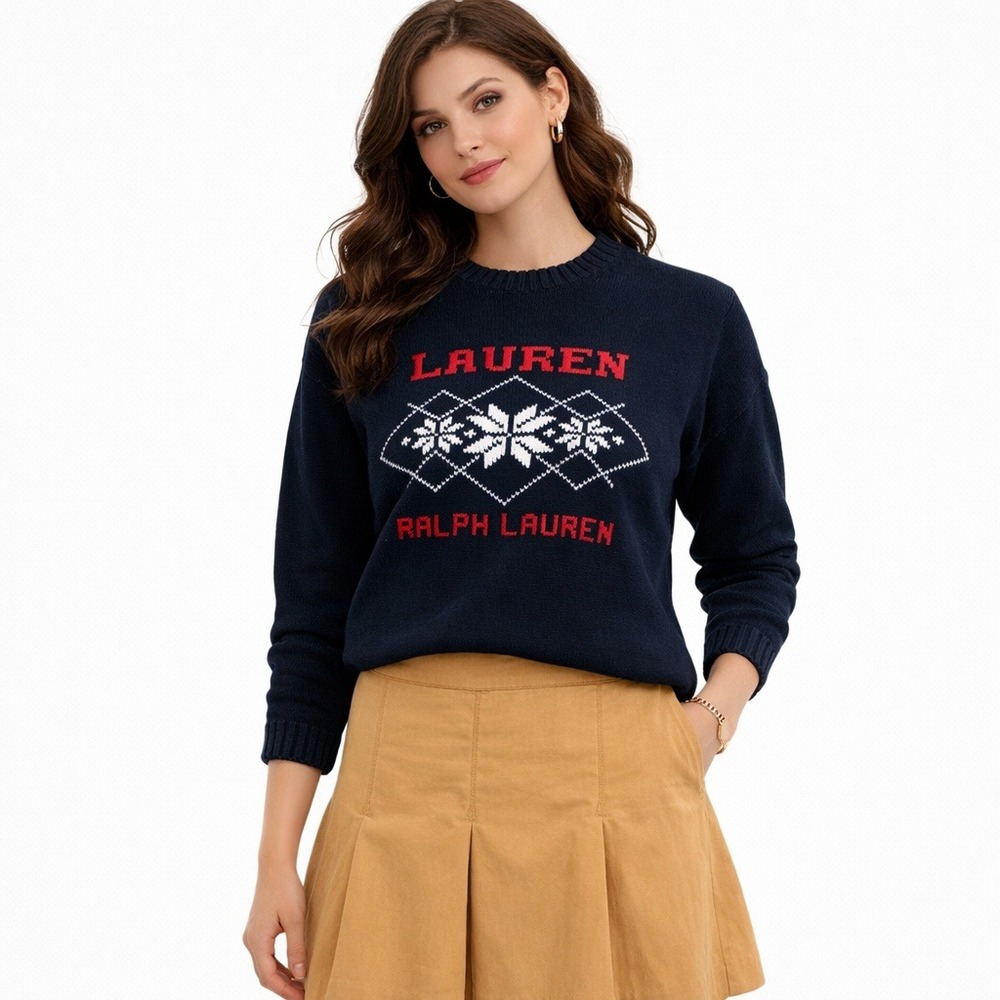 Lauren Ralph Lauren Womens Sweater Navy Blue‎ Snowflake Fair Isle Y2K Size S